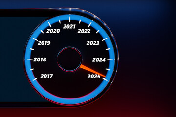 3D illustration close up black speedometer with cutoffs 2024,2025 . The concept of the new year and Christmas in the automotive field. Counting months, time until the new year.