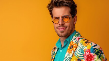Fototapeta premium Smiling man in vibrant floral jacket and yellow sunglasses against an orange background, radiating confidence and style.