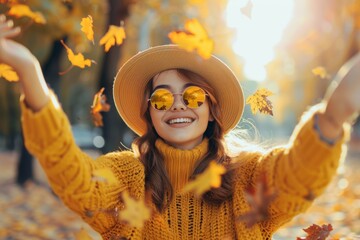 A joyful woman in a cozy sweater and hat dances among golden autumn leaves in a sunlit park during a vibrant fall afternoon