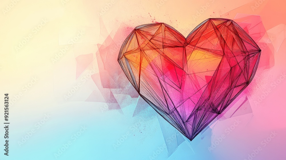Fototapete abstract line drawing of a heart made of geometric shapes, with a gradient background for adding tex