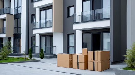 semi close-up of a moving crew preparing equipment outside a modern apartment building, organized and ready for work, copy space for text,
