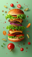 flying hamburger on a plate