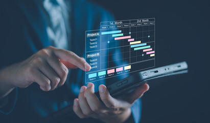 Project plan and manage concept. Project manager update tasks and milestones progress plan schedule interface program. Digital business project timeline manage. Business planning software technology