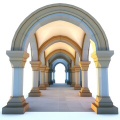 3D Render, Low Poly style of castle hall with grand staircase, on isolated white background