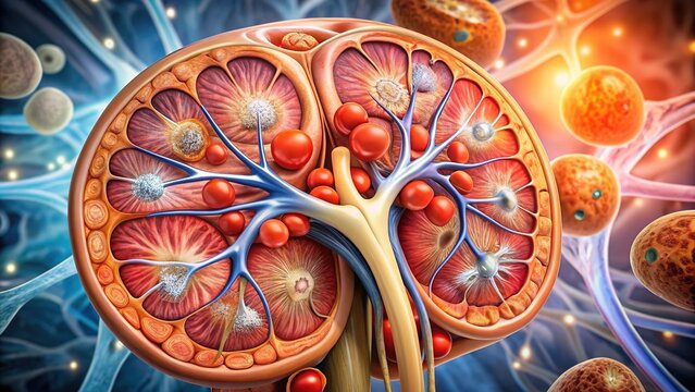Microscopic view of kidney damage, glomerulus scarring and inflammation, illustrating diabetic nephropathy complications and chronic kidney disease progression in people with uncontrolled diabetes.