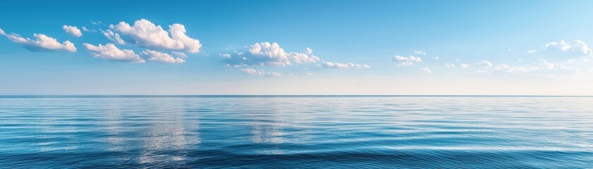 A serene ocean view with calm water reflecting the blue sky and soft clouds, perfect for conveying tranquility and peace.