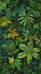 An assortment of diverse tropical leaves and ferns creates a rich, green backdrop