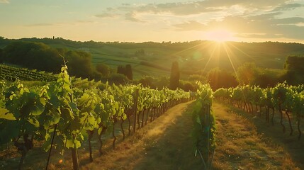 Fototapeta premium Bunch of ripe grapes in vineyard at sunset