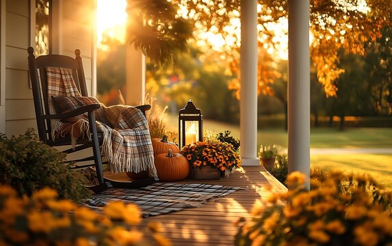 8. A front porch decorated for fall with pumpkins, lanterns, a cozy rocking chair with a plaid blanket, and potted mums in full bloom, all bathed in the golden light of the setting sun