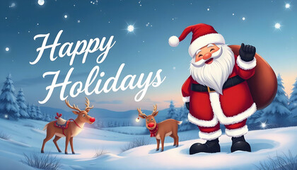 Cheerful Santa with Reindeer in Snowy Winter Scene: Festive illustration of Santa with a gift bag and two reindeer in a snowy winter landscape with pine trees and starry sky.