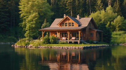 Obraz premium wooden house on a small island in a lake surrounded by trees.