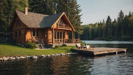 wooden house on a small island in a lake surrounded by trees.