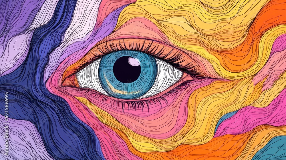 Fototapete abstract line drawing of an eye, with a colorful background that can be used for overlaying text