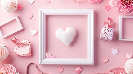 White picture frame with a soft pink background, featuring Valentines Day-themed decorations, creating a romantic atmosphere