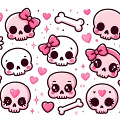 Cute Kawaii Skulls with Bows and Hearts Seamless Pattern