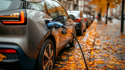 electric car charging, symbolizing the shift towards sustainable transportation. The image captures the essence of modern ecology and green energy, highlighting environmental consciousness
