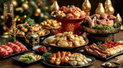 Fototapeta premium Festive Holiday Feast with Various Dishes and Christmas Decorations
