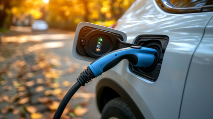 electric car charging, symbolizing the shift towards sustainable transportation. The image captures the essence of modern ecology and green energy, highlighting environmental consciousness