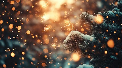Festive Winter Wonderland: Snow-Covered Pine Branches and Warm Holiday Lights in Bokeh