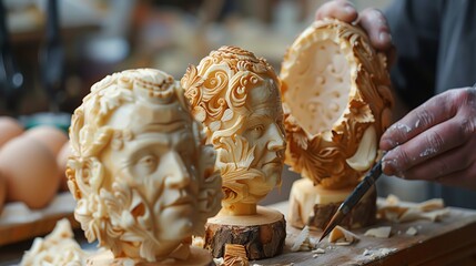 A craftsman meticulously carves intricate details into wooden busts, showcasing the artistry and dedication behind traditional woodworking.
