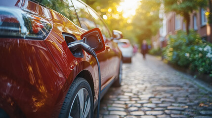 electric car charging, symbolizing the shift towards sustainable transportation. The image captures the essence of modern ecology and green energy, highlighting environmental consciousness