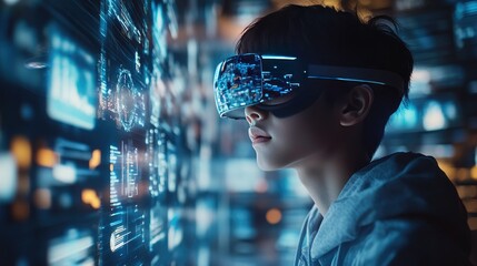 Young Person Experiencing Virtual Reality with Futuristic Headset in a Digital Environment