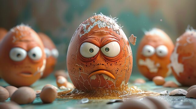 A group of cartoon eggs with human-like expressions, one is angry.