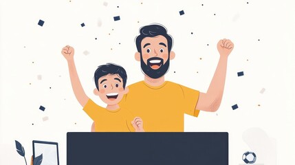 Father and Son Celebrating Victory While Watching Sports on TV with Confetti Falling