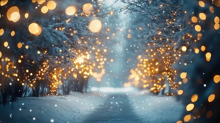 Naklejka premium Magical Winter Wonderland with Glowing Lights and Snow-Covered Trees