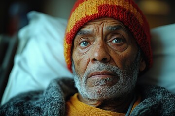 A person in a hospital bed receiving an IV, looking weary but hopeful, depicting the acute phase of pain management and the start of the healing process, Copy space for text, No logo, No Trademark,