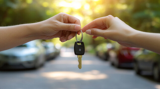 car dealer hands over a vehicle key to a customer in a modern showroom, symbolizing trust, successful transactions, and new beginnings. The focus is on the key, representing ownership and freedom