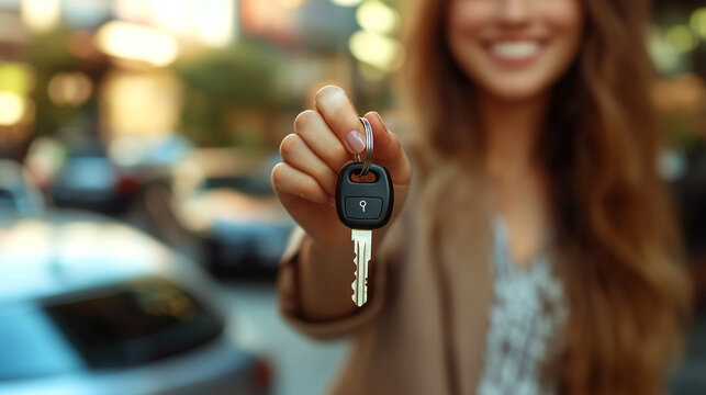 car dealer hands over a vehicle key to a customer in a modern showroom, symbolizing trust, successful transactions, and new beginnings. The focus is on the key, representing ownership and freedom