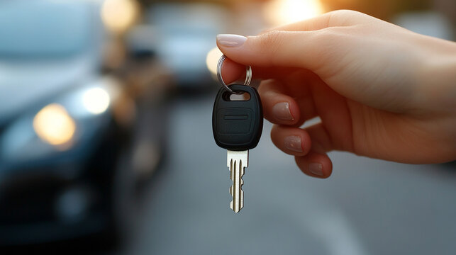 car dealer hands over a vehicle key to a customer in a modern showroom, symbolizing trust, successful transactions, and new beginnings. The focus is on the key, representing ownership and freedom
