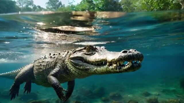 crocodile swimming in the river in search of prey