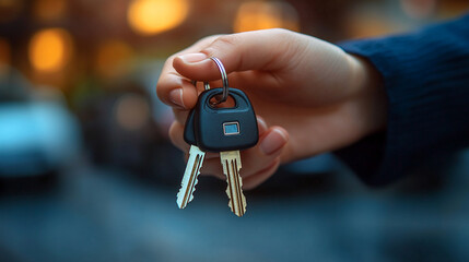 car dealer hands over a vehicle key to a customer in a modern showroom, symbolizing trust, successful transactions, and new beginnings. The focus is on the key, representing ownership and freedom