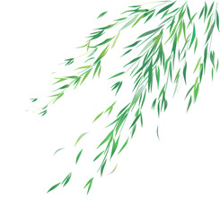 Obraz premium Vibrant green leaves cascading down against a black background, creating a sense of movement and nature's beauty.