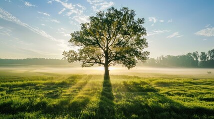 Obraz premium Solitary Tree in a Misty Meadow at Sunrise