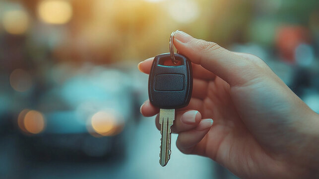 car dealer hands over a vehicle key to a customer in a modern showroom, symbolizing trust, successful transactions, and new beginnings. The focus is on the key, representing ownership and freedom