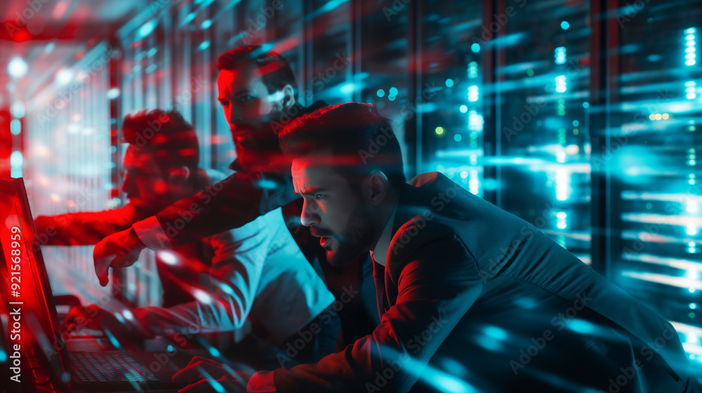 Poster a dynamic scene showing a cyber attacker attempting to breach a network while cybersecurity professi