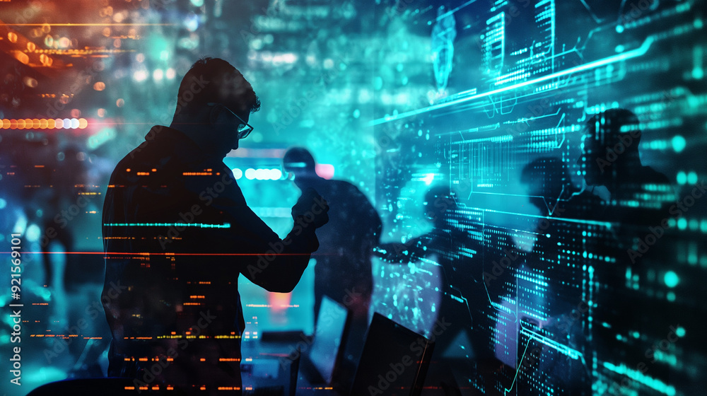 Poster a dynamic scene showing a cyber attacker attempting to breach a network while cybersecurity professi