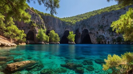 Fototapeta premium beautiful blue lake with caves and green trees.