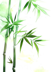 Close-up of vibrant green bamboo stalks and leaves against a dark background.