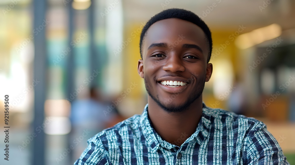 Wall mural Smiling young Black man in plaid shirt.