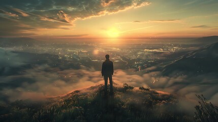 Fototapeta premium Man on the top of the mountain looking at the city at sunset