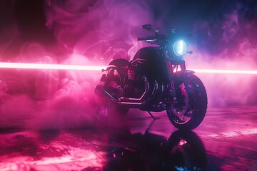 a motorcycle on a dark smoky neon lights background