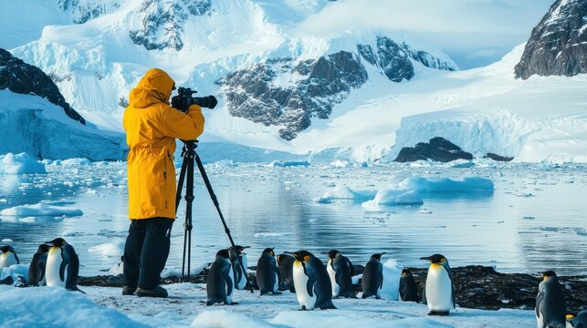 Photographer in a bright yellow parka standing on an icy shore with a camera on a tripod, capturing a group of penguins against a backdrop of snow-covered mountains and floating icebergs