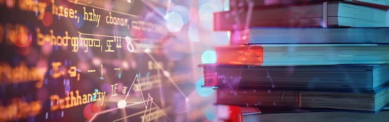 Composite image of pile of books against mathematical equations on black background