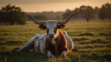 Texas longhorn cow laying down on field at sunset