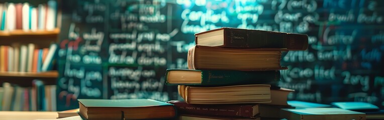 Composite image of pile of books against mathematical equations on black background