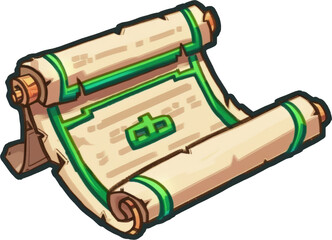 A rolled up parchment with green accents,  perfect for a fantasy or adventure game!